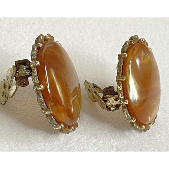 Signed Earrings Large Amber Stone Button Clip On - Picture 2 of 10
